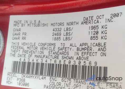 2008 Mitsubishi Eclipse Gt from USA, damaged, VIN 4A3AK34T68E030569